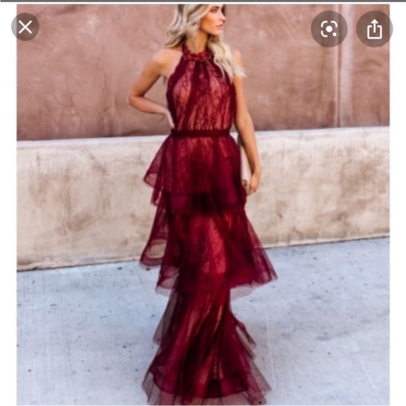 Luxxel Wine Tiered Lacey Tule Maxi Halter Maxi Size Small - Picture 16 of 16